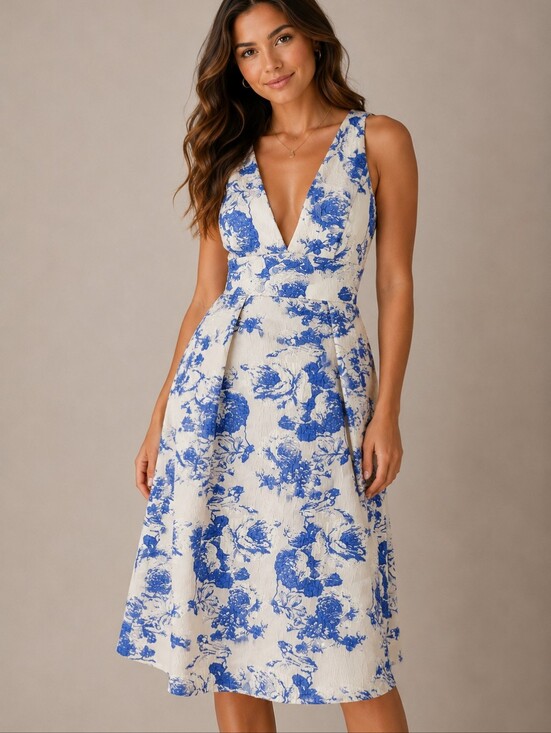 ANTONIO MELANI Dresses & Skirts - 279. ANTONIO MELANI Blue and Cream Floral V-Neck Midi Dress